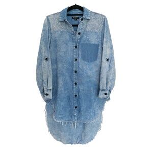 KROIX Cotton Rhinestones Details Raw Hem Hi Lo Denim Button-Up Shirt Dress Sz M
